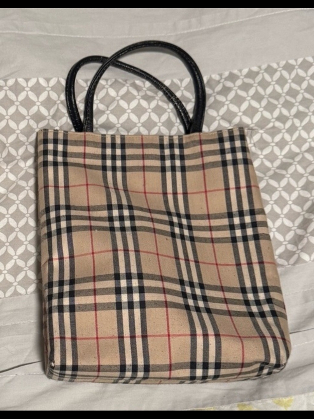 Burberry Classic Plaid Tote Bag in Beige with Black Handles